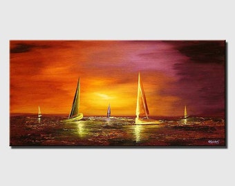 Original Art Hand-Painted Sailboats in Harbor, Textured Seascape painting, Large wall art on Canvas modern home Decor  CUSTOM ART