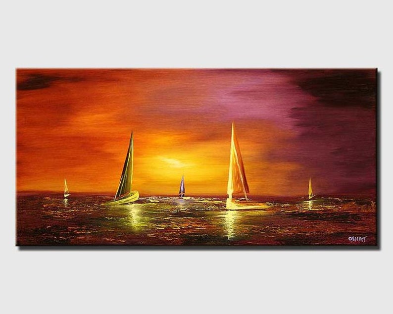 May include: A painting of a sunset over the ocean with sailboats in the water. The sky is a mix of orange, red, and purple. The water is a dark blue.