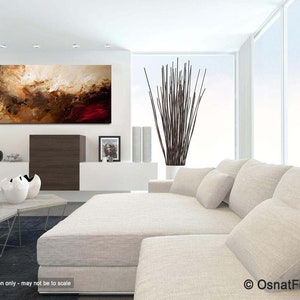 May include: Abstract painting with brown, beige, and red colors. The painting is hanging on a white wall in a modern living room with a white couch and a coffee table.