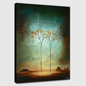May include: Abstract painting of two trees with yellow leaves against a teal and silver background. The trees are silhouetted against a light blue sky. The painting has a textured surface.