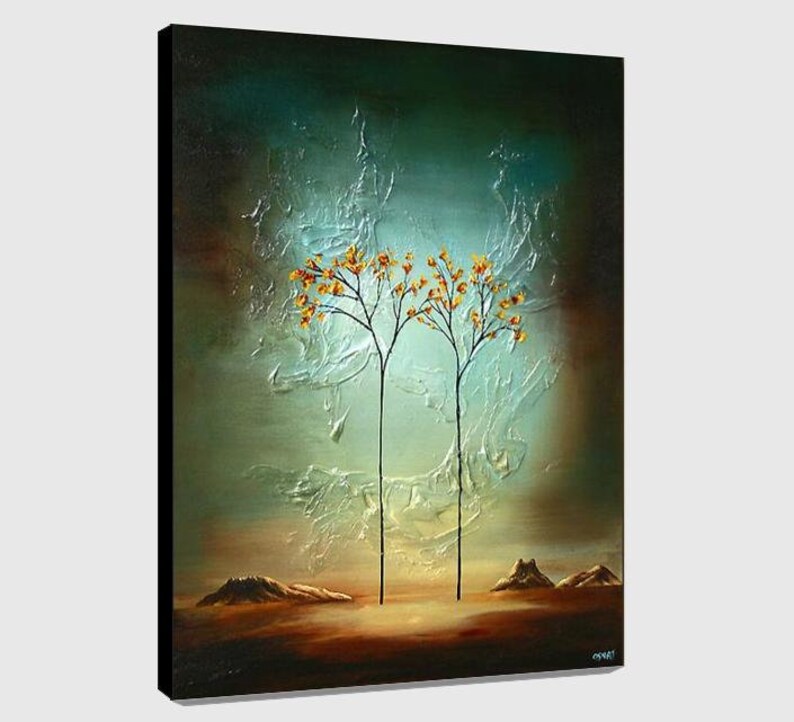 May include: Abstract painting of two trees with yellow leaves against a teal and silver background. The trees are silhouetted against a light blue sky. The painting has a textured surface.