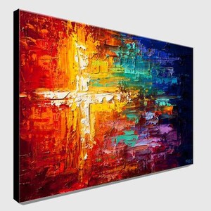 May include: Abstract painting of a white cross on a colorful background. The background is a mix of red, orange, yellow, green, blue, and purple. The cross is painted in a thick, textured style.