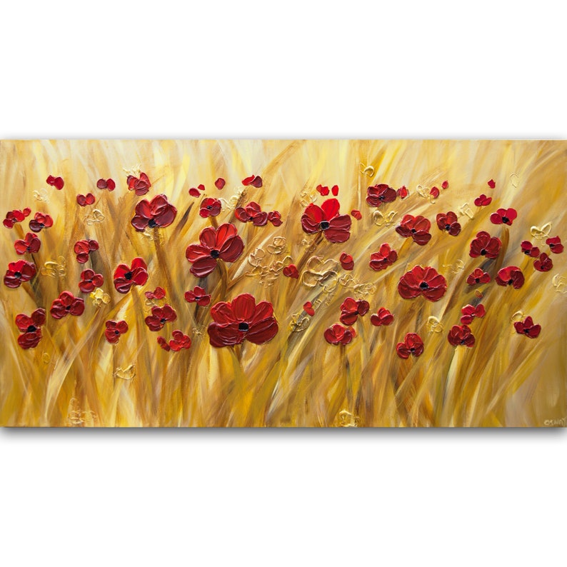 May include: A painting of a field of red poppies against a golden yellow background. The poppies are painted in a textured style, giving the painting a three-dimensional effect.