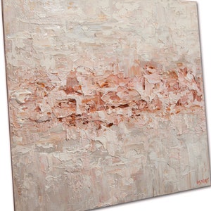 May include: Abstract painting with a textured, layered look. The painting features shades of white, pink, and orange. The paint is applied in thick strokes, creating a three-dimensional effect.