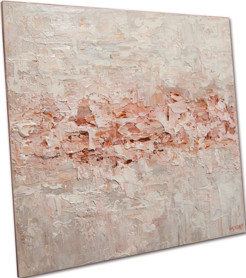 May include: Abstract painting with a textured, layered look. The painting features shades of white, pink, and orange. The paint is applied in thick strokes, creating a three-dimensional effect.