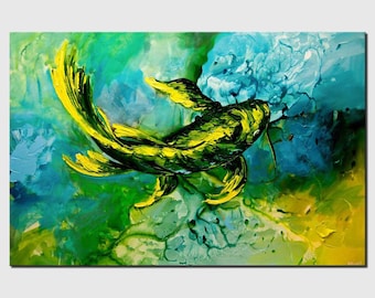 Textured Koi Fish Print on Canvas: Blue Green Wall Art by Osnat