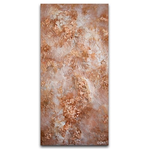 May include: Abstract painting with a textured, layered surface. The colors are primarily shades of brown and white, with hints of gold. The painting has a contemporary style and would be a great addition to any modern home.