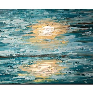 Textured Teal Abstract Seascape Painting: Calming Coastal Wall Art
