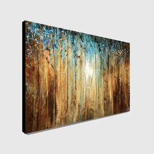 May include: Abstract painting of a forest scene with a golden and blue color scheme. The painting features a variety of trees with a textured brushstroke effect.