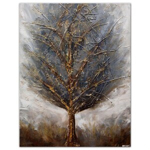 May include: Abstract painting of a tree with gold and gray branches against a white background.
