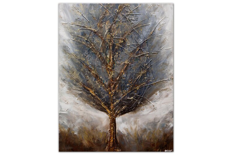 May include: Abstract painting of a tree with gold and gray branches against a white background.