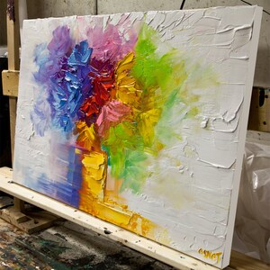 May include: Abstract painting of a colorful bouquet of flowers in a yellow vase. The flowers are painted in shades of purple, pink, red, yellow, and green. The background is white with a textured surface.