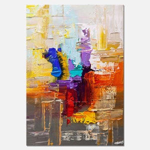 May include: Abstract painting with thick brushstrokes in shades of yellow, orange, red, purple, blue, and turquoise. The painting has a textured, layered look.