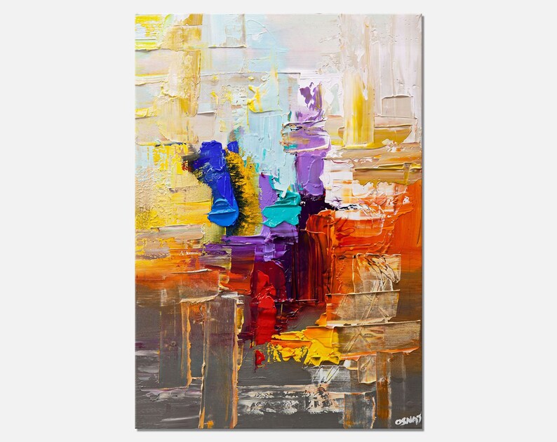 May include: Abstract painting with thick brushstrokes in shades of yellow, orange, red, purple, blue, and turquoise. The painting has a textured, layered look.