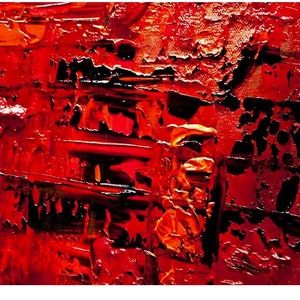 May include: Abstract painting with thick layers of red, orange, and black paint. The paint is applied in a textured, layered style, creating a sense of depth and movement.