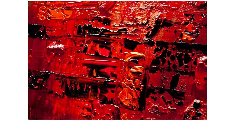 May include: Abstract painting with thick layers of red, orange, and black paint. The paint is applied in a textured, layered style, creating a sense of depth and movement.