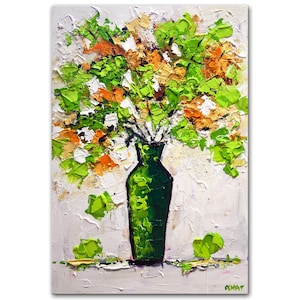 May include: An abstract painting of a green vase filled with a bouquet of flowers. The flowers are a mix of green, orange, and white, with a textured, impasto style. The vase is dark green, and the background is white.