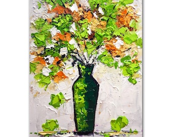 Floral Painting flowers vase, modern abstract painting in green color on canvas by Osnat
