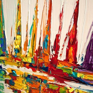 May include: Abstract painting of colorful sailboats with thick brushstrokes. The painting features a variety of colors, including blue, green, yellow, orange, red, and purple. The sailboats are depicted in a stylized manner, with their sails overlapping and creating a sense of movement.