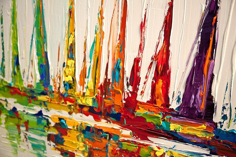 May include: Abstract painting of colorful sailboats with thick brushstrokes. The painting features a variety of colors, including blue, green, yellow, orange, red, and purple. The sailboats are depicted in a stylized manner, with their sails overlapping and creating a sense of movement.