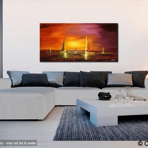 May include: A painting of sailboats on a body of water at sunset. The sky is a vibrant orange and purple, with the sun setting in the distance. The sailboats are silhouetted against the sky, and the water is a deep blue.
