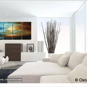May include: A four-panel abstract painting with blue, green, orange, and brown hues. The painting is displayed in a modern living room with a white couch and a large window.