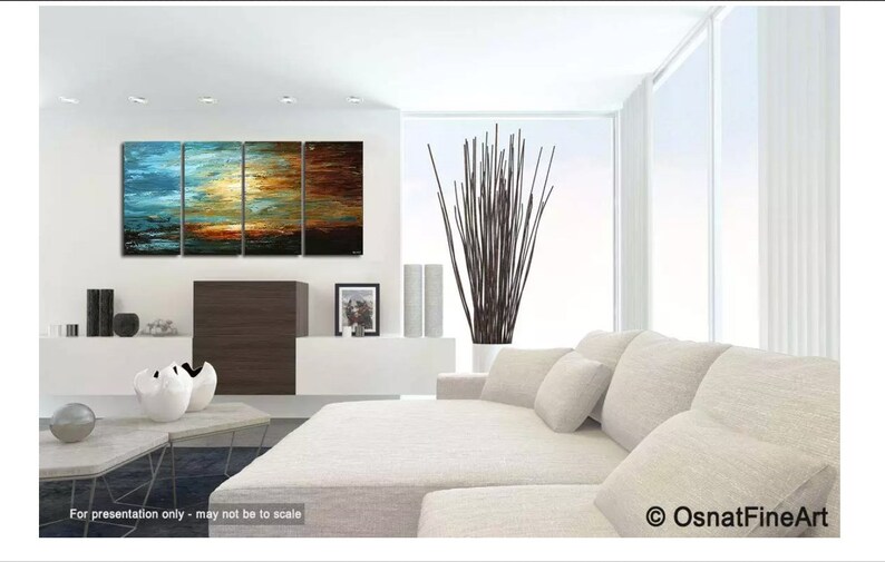 May include: A four-panel abstract painting with blue, green, orange, and brown hues. The painting is displayed in a modern living room with a white couch and a large window.