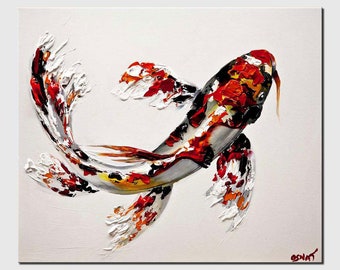 Original Red Koi Fish Painting: 3D Abstract Modern Wall Decor