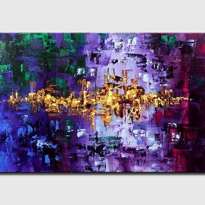 May include: Abstract painting with a purple, green, and gold color scheme. The painting features a central band of gold paint with a textured, layered effect. The gold band is surrounded by shades of purple and green, creating a sense of depth and movement.