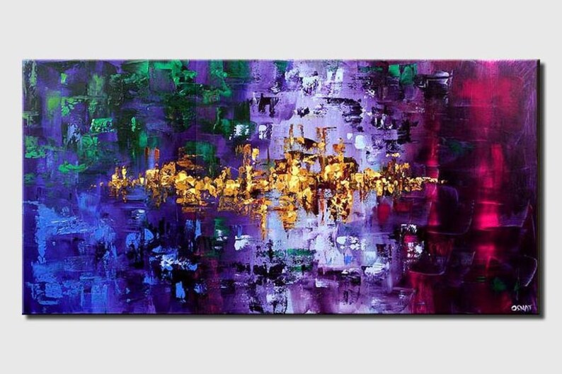 May include: Abstract painting with a purple, green, and gold color scheme. The painting features a central band of gold paint with a textured, layered effect. The gold band is surrounded by shades of purple and green, creating a sense of depth and movement.