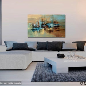 May include: Abstract painting with shades of blue, brown, and yellow. The painting is hanging on a white wall above a white sectional sofa with gray pillows. A white coffee table with a black bowl and clear glasses sits in front of the sofa.