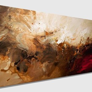 May include: Abstract painting with swirling brown, beige, and red paint. The painting has a textured, layered look, with areas of lighter and darker tones.