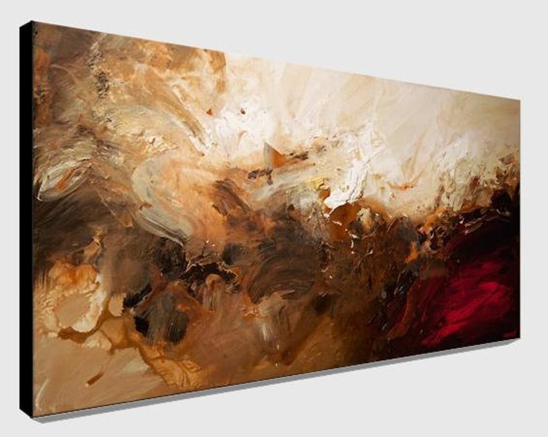 May include: Abstract painting with swirling brown, beige, and red paint. The painting has a textured, layered look, with areas of lighter and darker tones.
