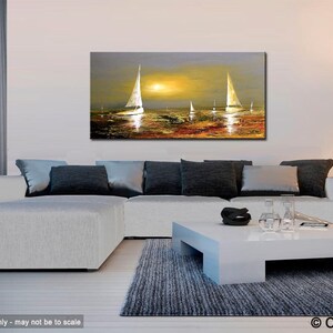 May include: A painting of a seascape with three sailboats in the distance. The sky is a light blue with a yellow sun setting in the background. The water is a dark blue with a light blue reflection of the sun. The painting is done in a textured style with thick brushstrokes.