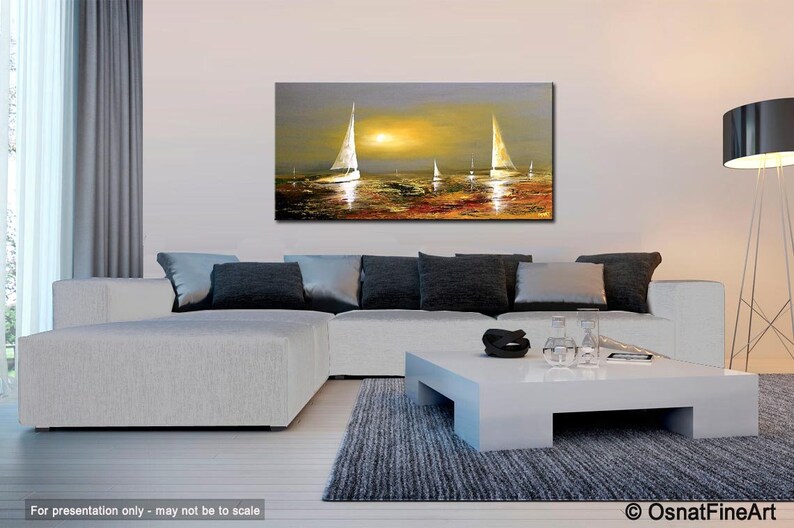 May include: A painting of a seascape with three sailboats in the distance. The sky is a light blue with a yellow sun setting in the background. The water is a dark blue with a light blue reflection of the sun. The painting is done in a textured style with thick brushstrokes.
