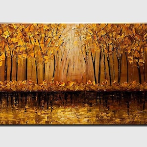May include: A painting of a forest scene with golden trees and a reflective pond. The trees are painted in a thick, textured style, and the pond is a deep, rich brown.