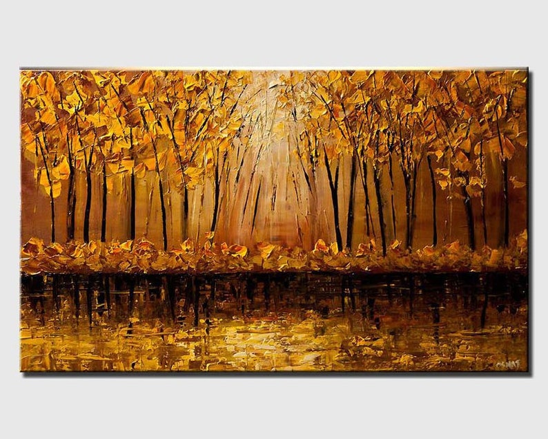 May include: A painting of a forest scene with golden trees and a reflective pond. The trees are painted in a thick, textured style, and the pond is a deep, rich brown.