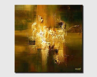 Green Textured abstract painting on Canvas Original square modern acrylic oil  Painting Green Gold Wall Art for Living Room  CUSTOM ART