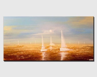 Blue Ocean Sailboats Painting: Abstract Textured Seascape, Living Room Wall Art