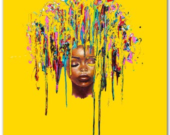 Yellow Pop Art Woman Face Print on Canvas by Osnat