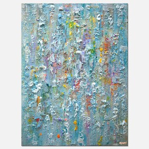 May include: Abstract painting with a textured, layered surface. The painting is dominated by shades of blue, with accents of yellow, orange, green, and purple.