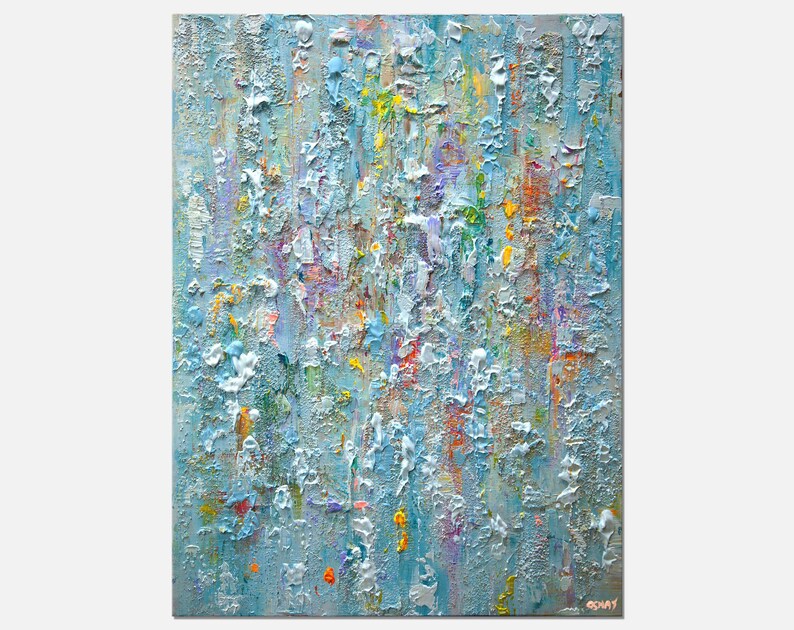 May include: Abstract painting with a textured, layered surface. The painting is dominated by shades of blue, with accents of yellow, orange, green, and purple.