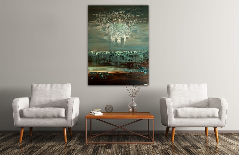 Textured Abstract Landscape Painting: Green Brown Canvas Art image 5