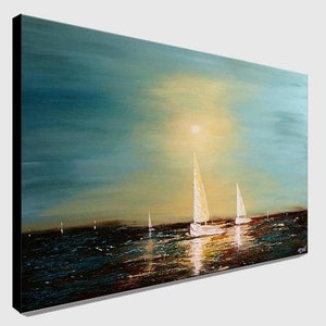 May include: A painting of sailboats on a body of water at sunset. The sky is a gradient of blue and yellow, with the sun shining brightly in the distance. The sailboats are white and have their sails up. The water is a dark blue and reflects the light of the sun.