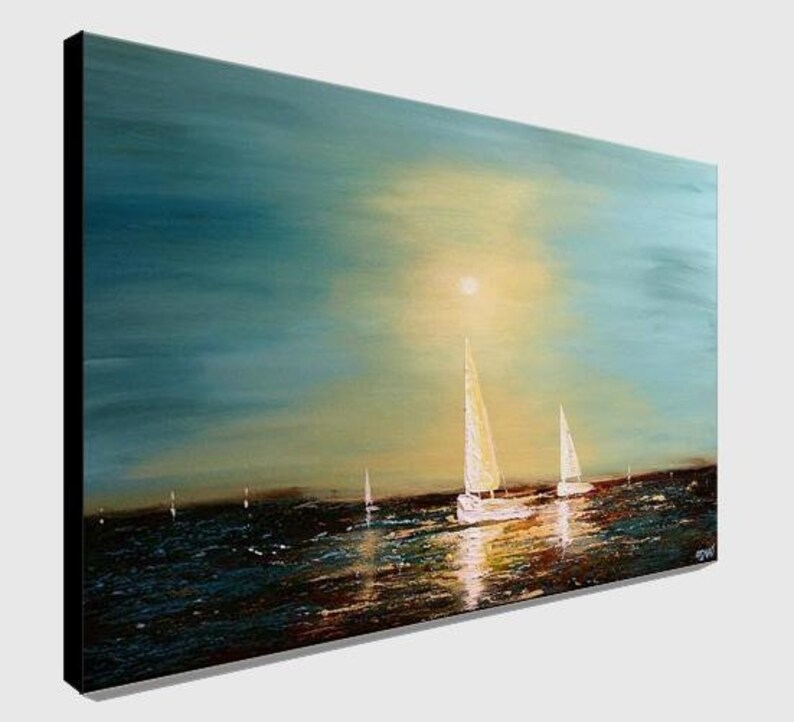 May include: A painting of sailboats on a body of water at sunset. The sky is a gradient of blue and yellow, with the sun shining brightly in the distance. The sailboats are white and have their sails up. The water is a dark blue and reflects the light of the sun.