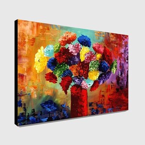 May include: An abstract painting of a bouquet of flowers in a red vase. The flowers are a mix of colors, including red, yellow, blue, and green. The background has orange, green, and purple brushstrokes.