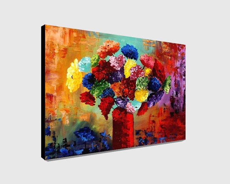 May include: An abstract painting of a bouquet of flowers in a red vase. The flowers are a mix of colors, including red, yellow, blue, and green. The background has orange, green, and purple brushstrokes.