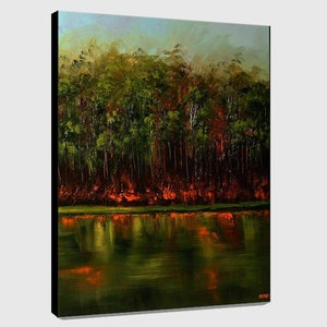 May include: A painting of a forest reflected in a still lake. The trees are mostly green with some red and orange hues. The water is a dark green with reflections of the trees.