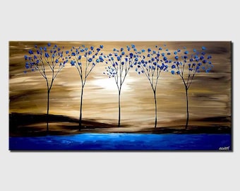blue tree wall art abstract landscape painting, textured neutral beige wall art, living room modern home decor  - CUSTOM ART