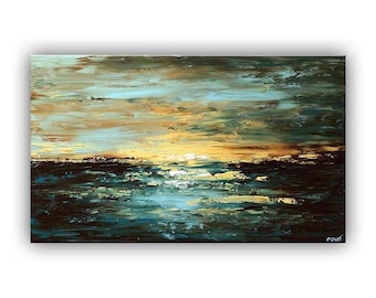 teal abstract Painting seascape, Original dark teal wall art Abstract Sunrise Painting, textured Wall art modern Home decor CUSTOM ART